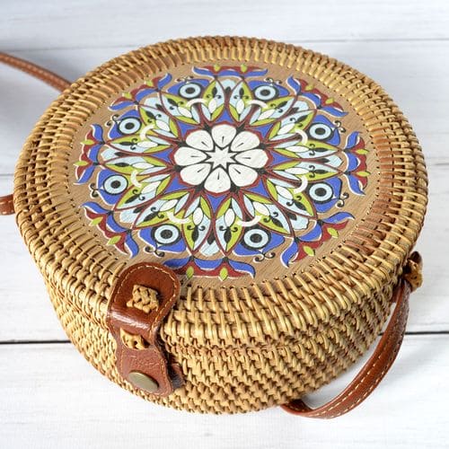 Женская круглая сумка из ротанга с цветочным принтом 20x8 см