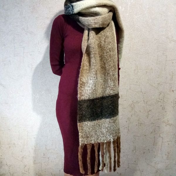 Теплый длинный шарф - кофейный 235x50 см