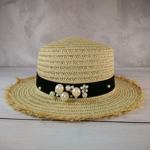 Соломенная шляпа канотье с жемчугом